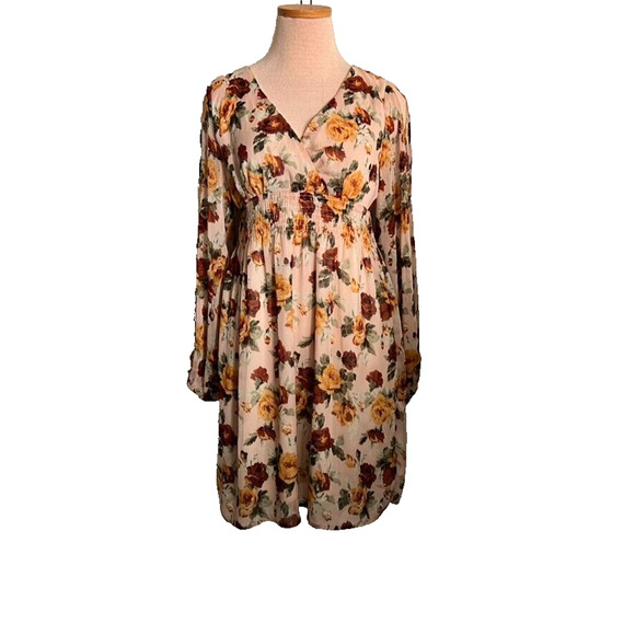 Rue21 Dress Womens Medium Yellow Cream Floral Long Sleeve Split Smock Waist - Picture 1 of 11